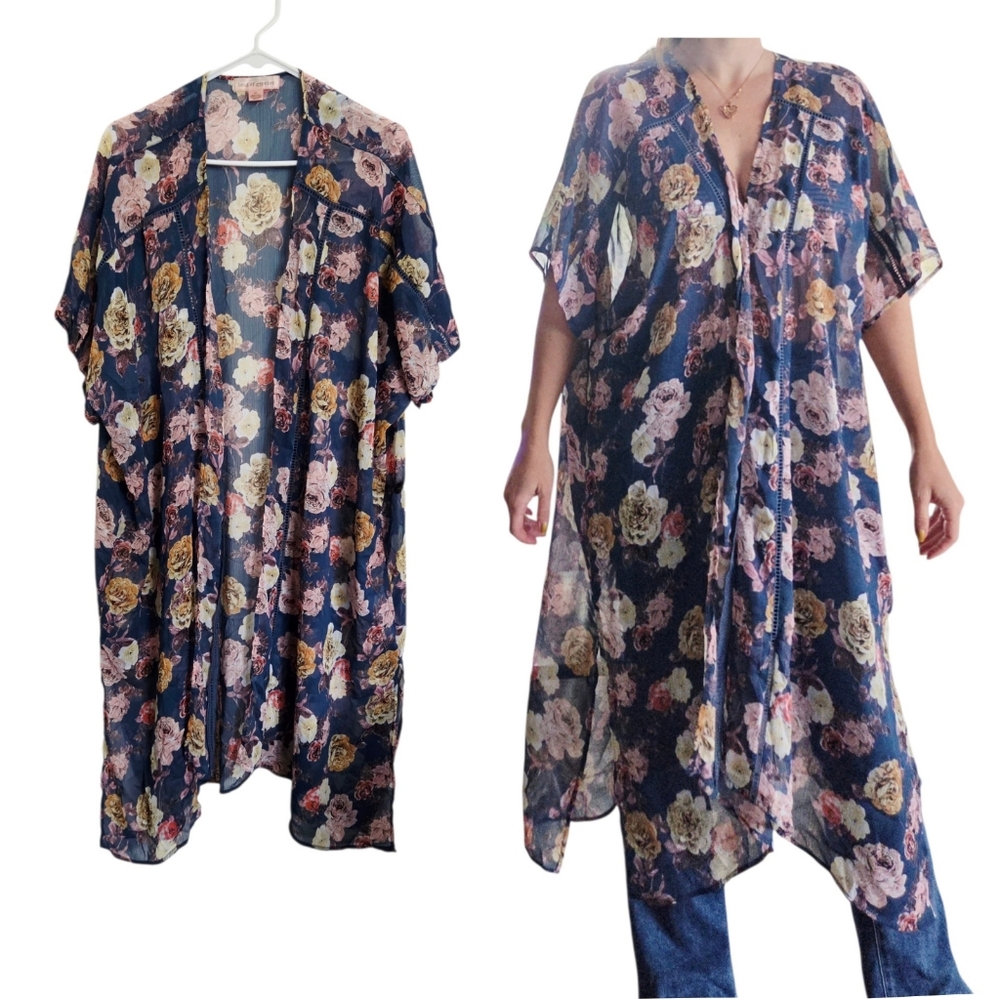 Band of Gypsies Floral Kimono Sheer Boho Duster Navy Rose M/L Open Front Festiva